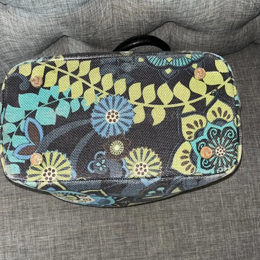 Spartina 449 Mod Black Blue Green Retro Flower Pattern Bucket Bag